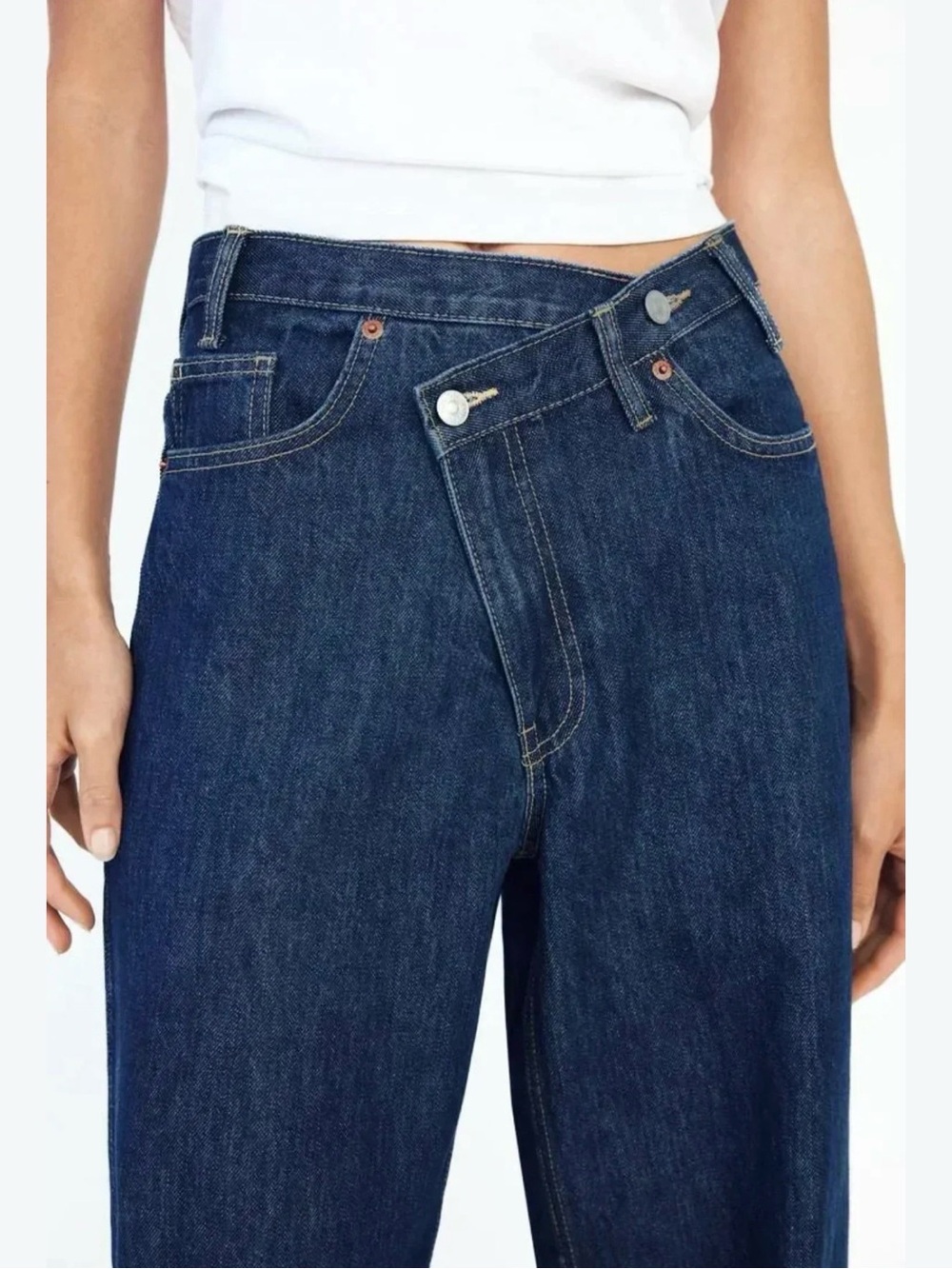 Zara Dark Blue Asymmetrical-Button High-Rise Jeans